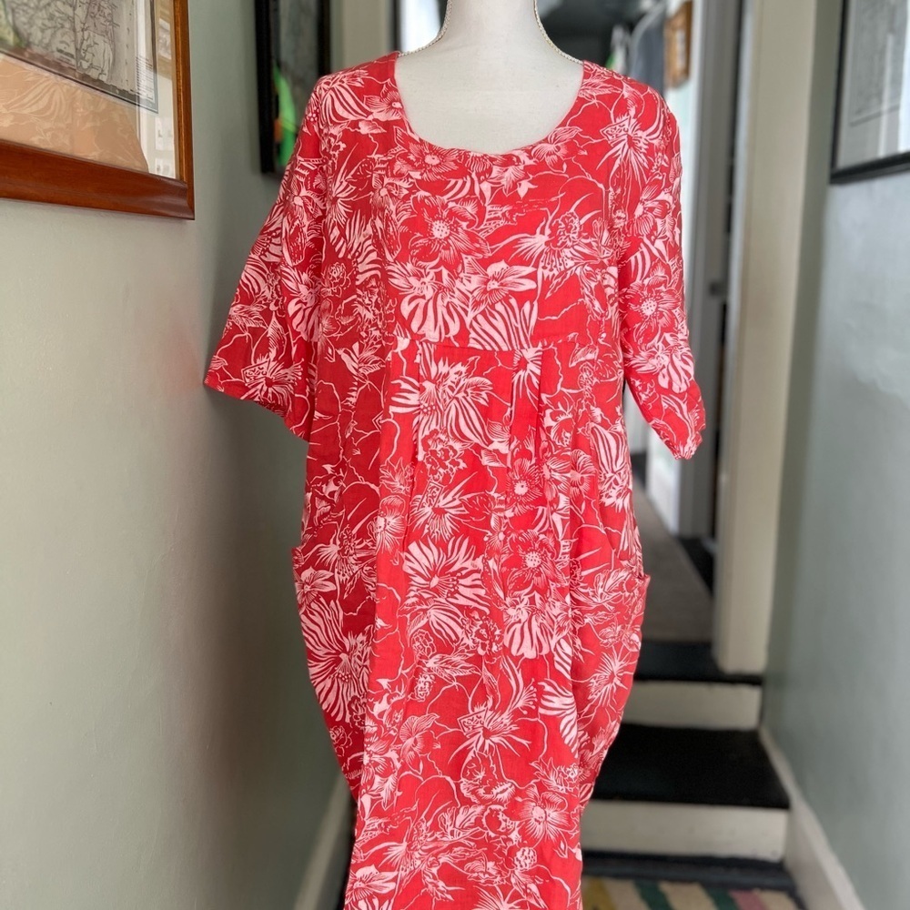 WoolOvers 100% Linen Pocket Tunic Dress Floral Coral Knee Length UK 12 US 16